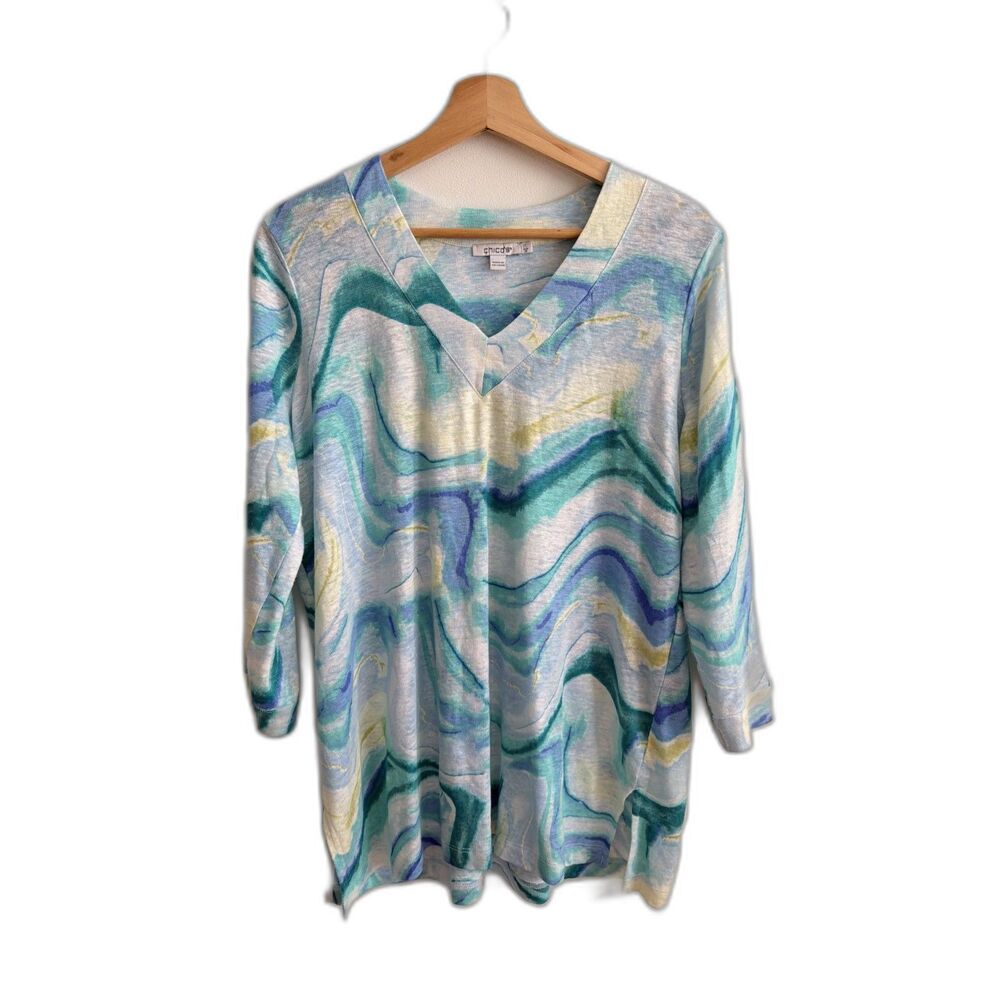Chico's 100% Linen Tunic Top Size 1 M Blue Teal Marble Watercolor V Neck 3/4